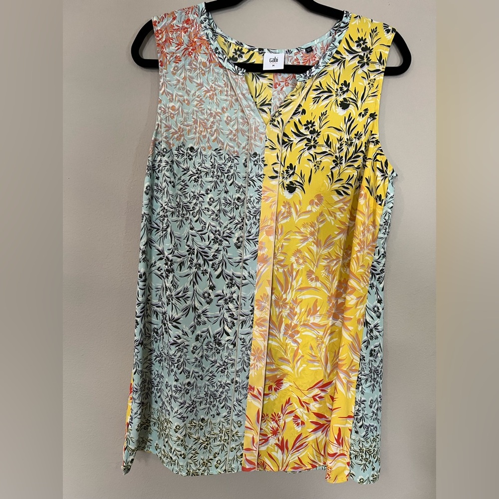 CAbi Golden Glow Multi Color Split Floral Print Sleeveless Blouse